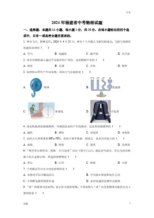 2024年福建省中考物理真题卷及答案解析