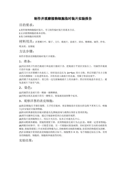 制作并观察植物细胞临时装片实验报告