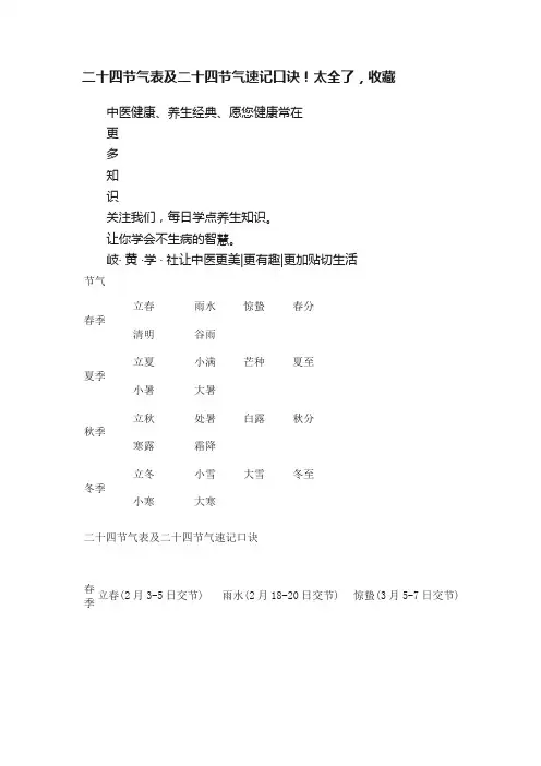 二十四节气表及二十四节气速记口诀！太全了，收藏