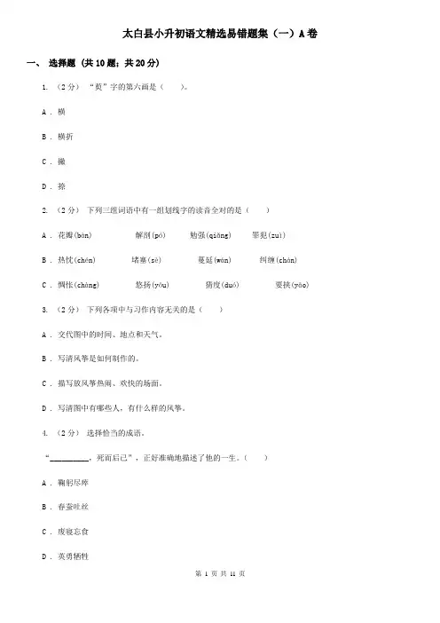 太白县小升初语文精选易错题集(一)A卷