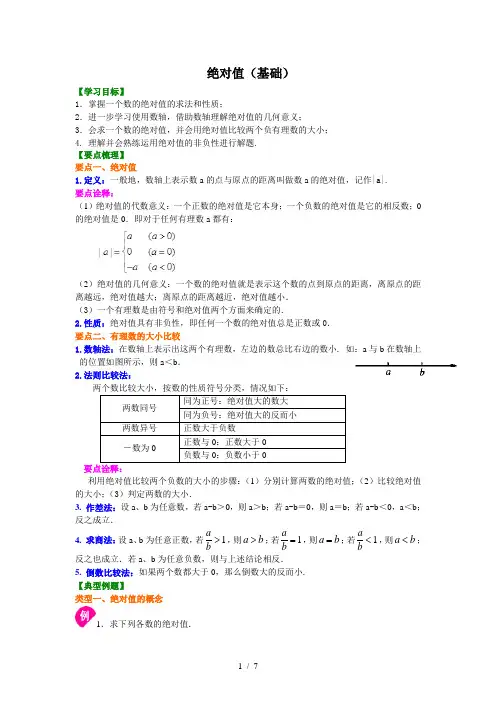 初一数学上册绝对值(基础)知识讲解及练习