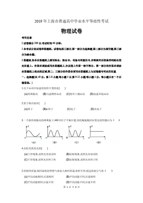 2019年上海市普通高中学业水平等级性考试(高考)物理试题和答案