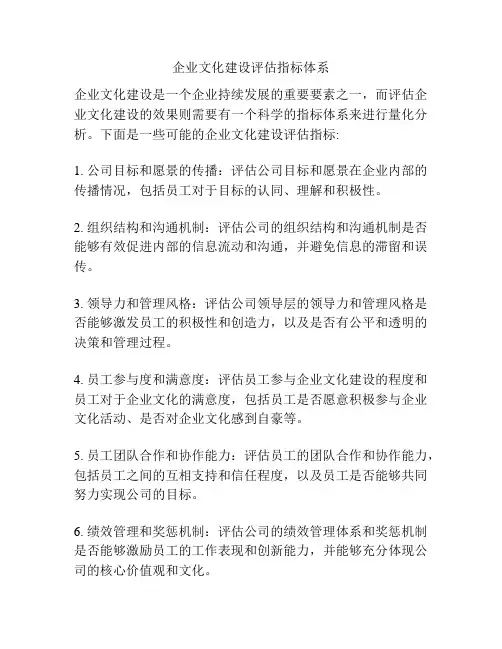 企业文化建设评估指标体系