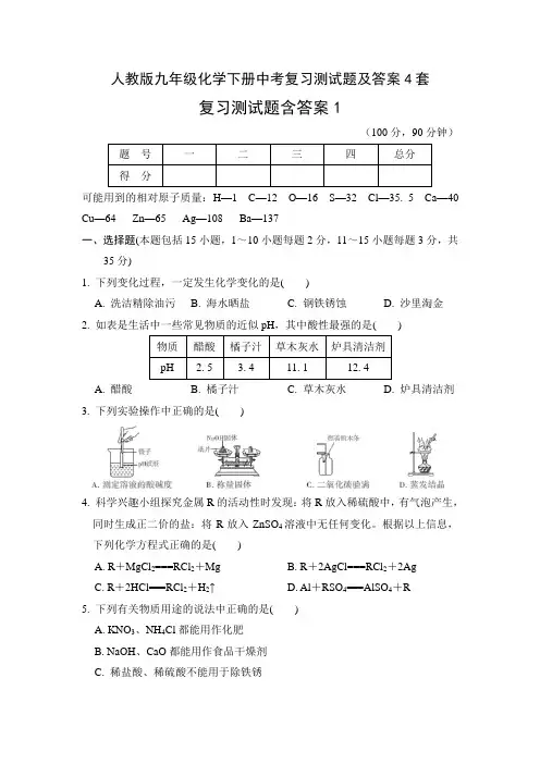 人教版九年级化学下册中考复习测试题及答案4套