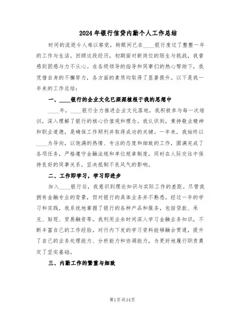 2024年银行信贷内勤个人工作总结（7篇）
