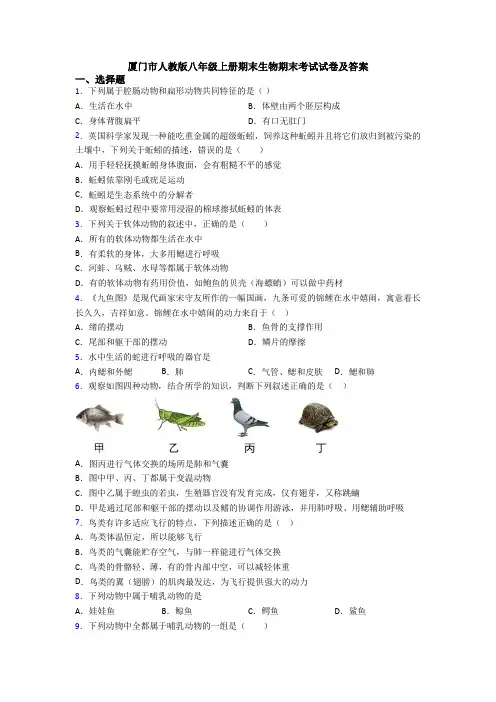 厦门市人教版八年级上册期末生物期末考试试卷及答案