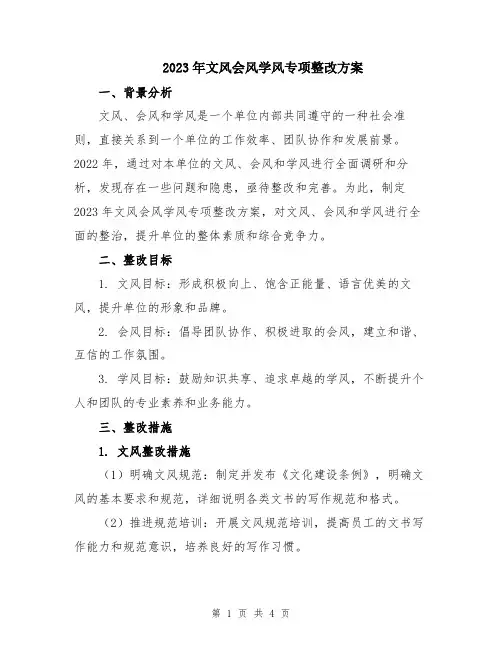2023年文风会风学风专项整改方案