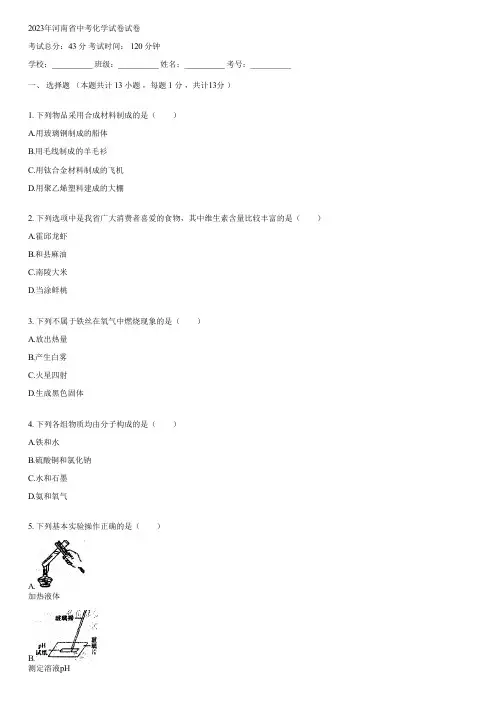 2023年河南省中考化学试卷(含答案)030117