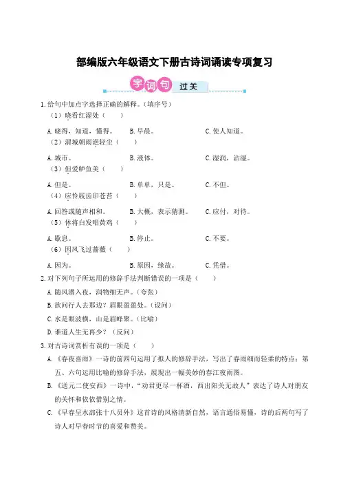 部编版六年级语文下册古诗词诵读专项复习 附答案