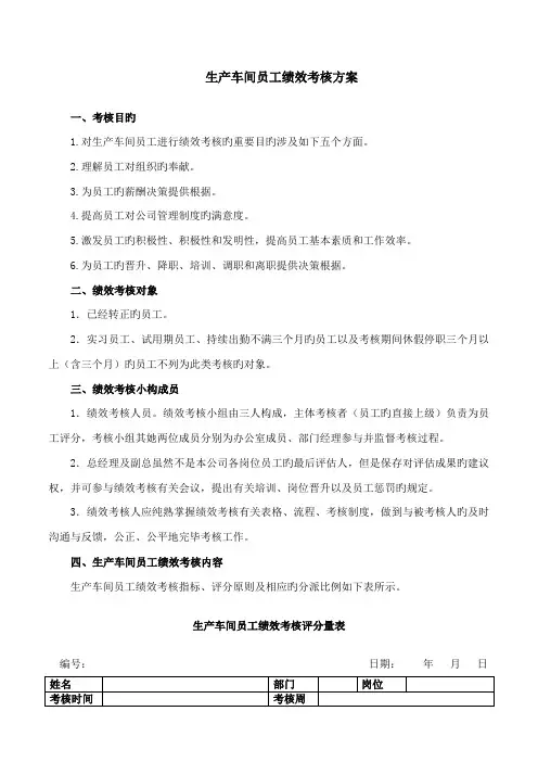 生产车间工人绩效考评专题方案附表