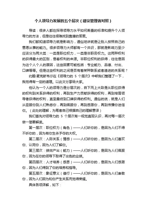 个人领导力发展的五个层次（建议管理者对照）