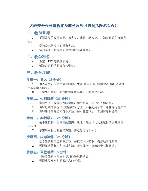 大班安全公开课教案及教学反思《遇到危险怎么办》