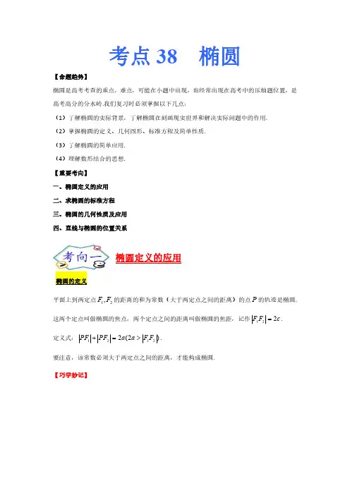 考点38 高中数学-椭圆-考点总结和习题