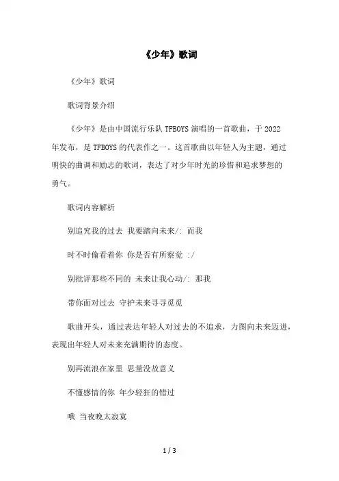 《少年》歌词2023简版