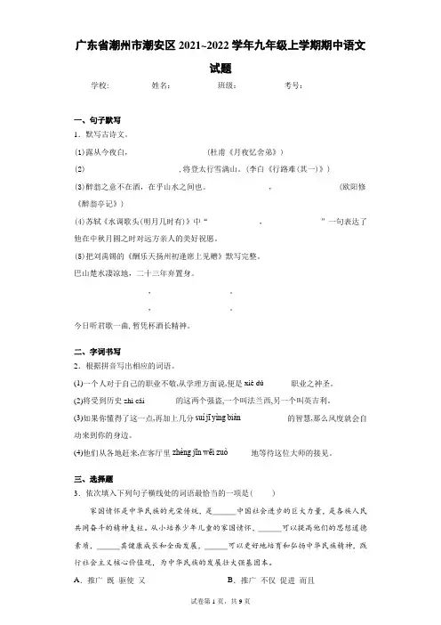 广东省潮州市潮安区2021_2022学年九年级上学期期中语文试题(word版 含答案)