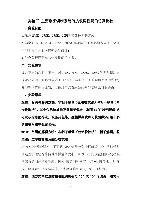 通信原理实验报告三主要数字调制系统的抗误码性能的仿真比较