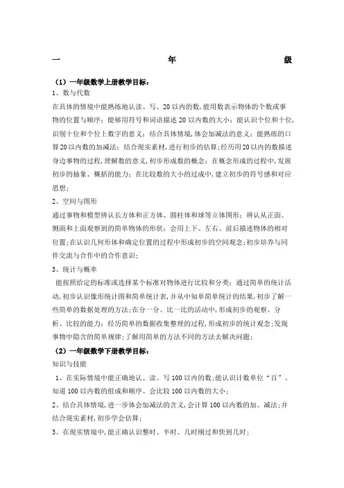 小学数学各年级教学目标