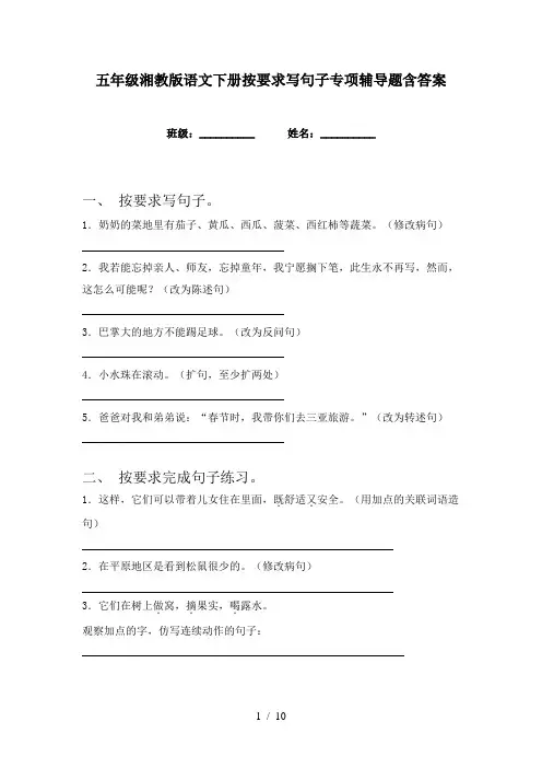 五年级湘教版语文下册按要求写句子专项辅导题含答案