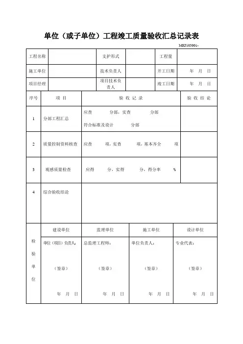 单位(或子单位)工程竣工质量验收汇总记录表