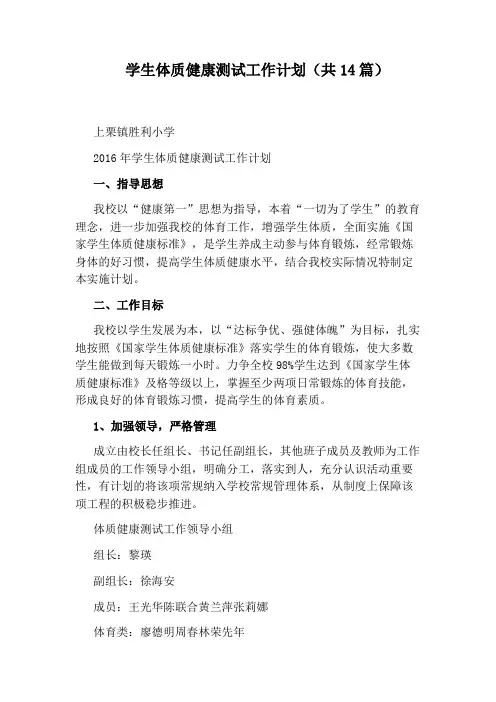 学生体质健康测试工作计划(共14篇)
