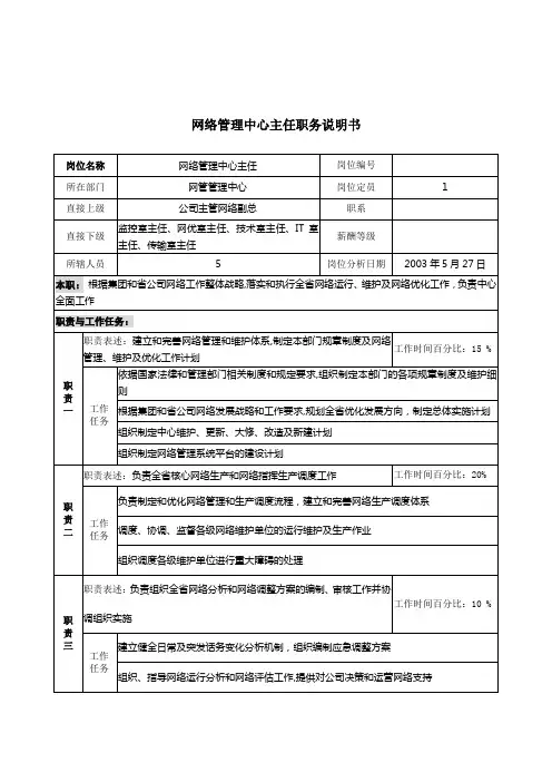 (岗位职责)2020年网络管理中心主任职务说明书