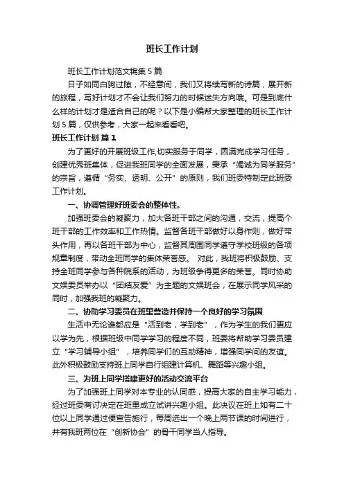 班长工作计划范文锦集5篇