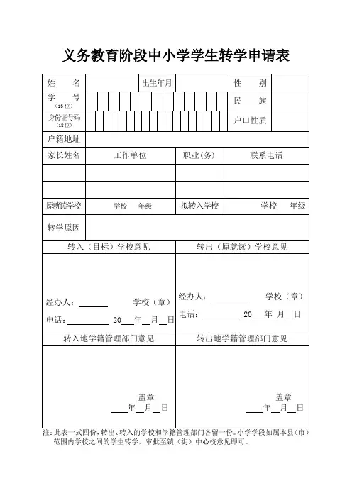 义务教育阶段中小学学生转学申请表