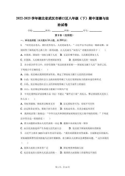 2022-2023学年湖北省武汉市硚口区八年级(下)期中道德与法治试卷(含解析)
