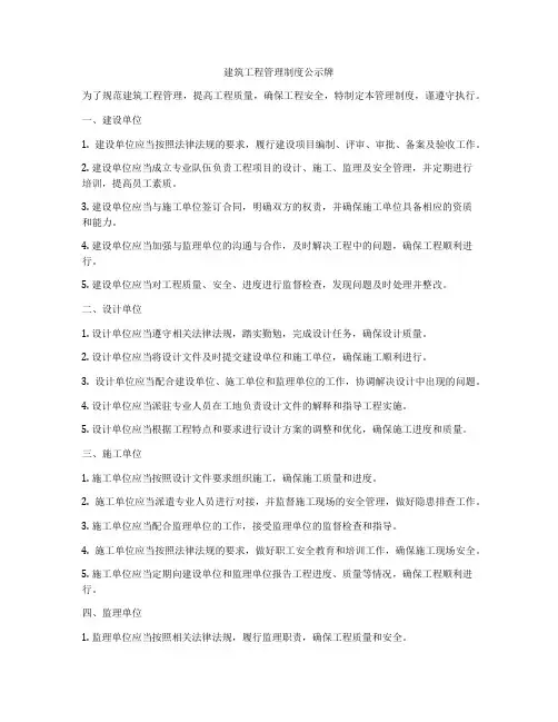 建筑工程管理制度公示牌