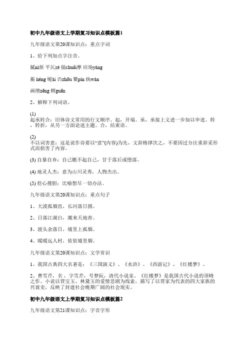 初中九年级语文上学期复习知识点模板(8篇)