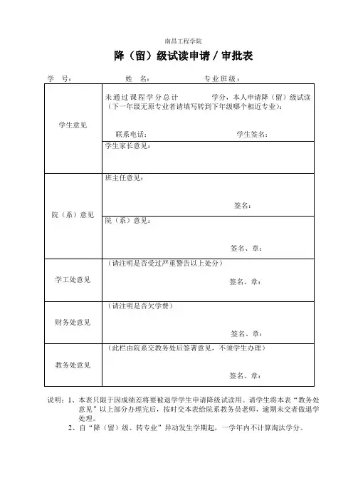 南昌工程学院降级试读申请／审批表