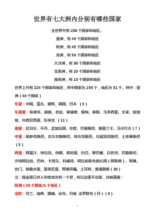 世界有七大洲内分别有哪些国家