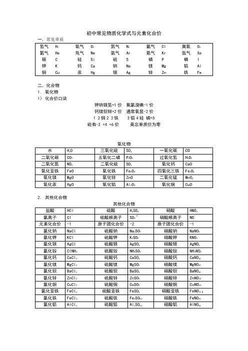 初中常见物质化学式与元素化合价