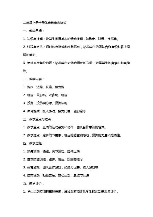 二年级上册全册体育教案表格式