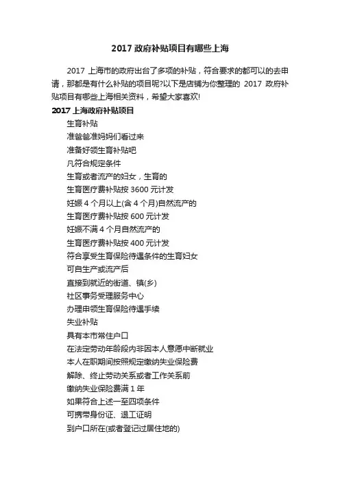 2017政府补贴项目有哪些上海