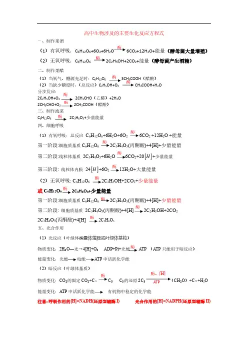 高中生物全部化学方程式