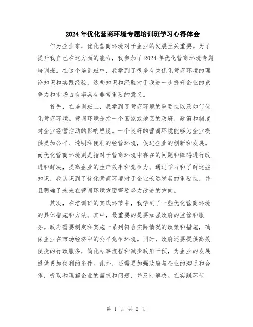 2024年优化营商环境专题培训班学习心得体会