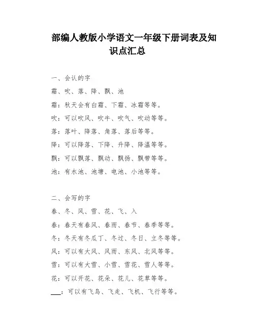 部编人教版小学语文一年级下册词表及知识点汇总