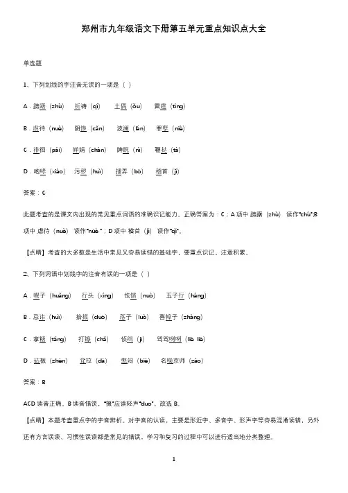 郑州市九年级语文下册第五单元重点知识点大全