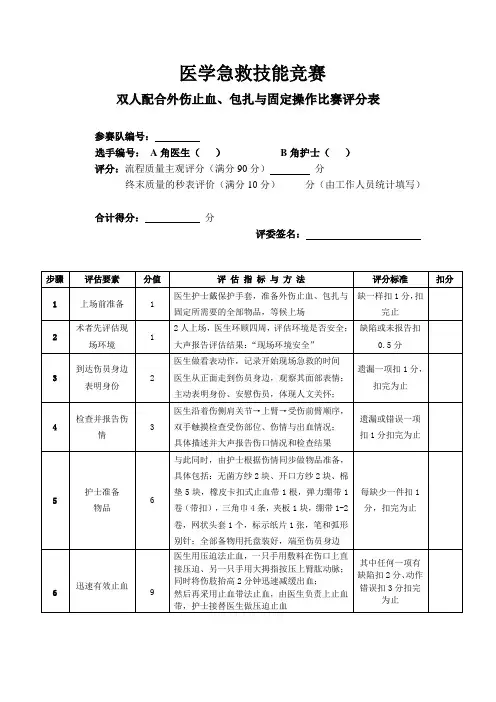 双人配合外伤止血、包扎与固定操作比赛评分表