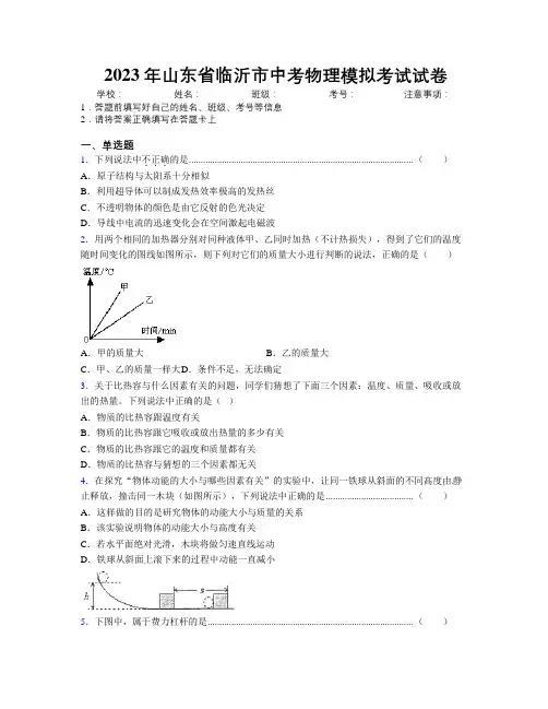 2023年山东省临沂市中考物理模拟考试试卷及解析