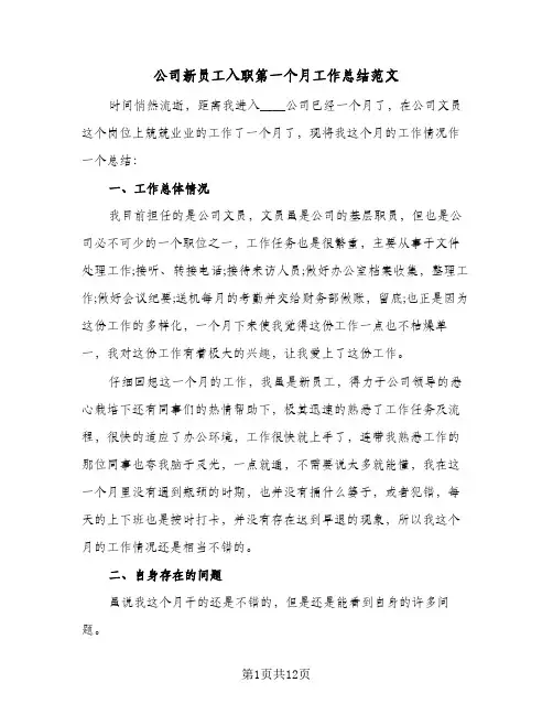 公司新员工入职第一个月工作总结范文(6篇)