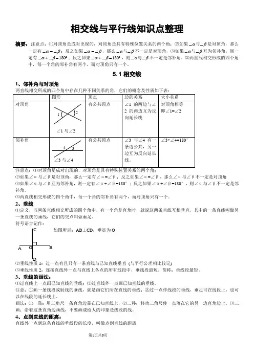 七年级第五章相交线与平行线知识点整理