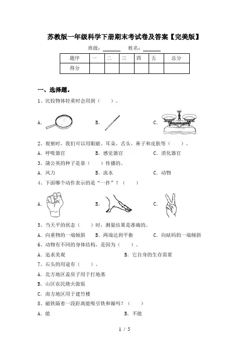 苏教版一年级科学下册期末考试卷及答案【完美版】