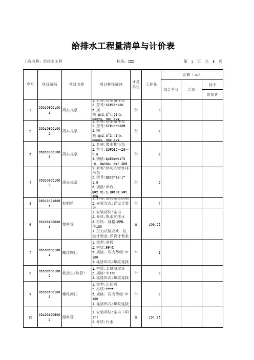 某项目给排水工程量清单与计价表