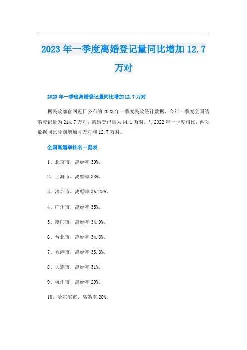 2023年一季度离婚登记量同比增加12.7万对
