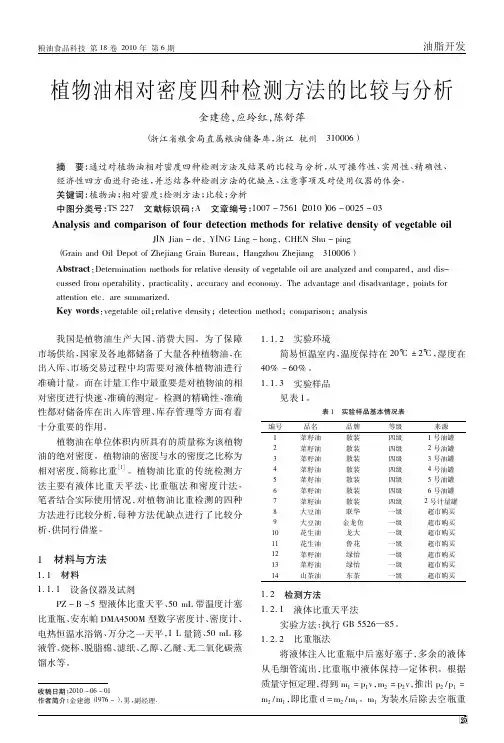 植物油相对密度四种检测方法的比较与分析