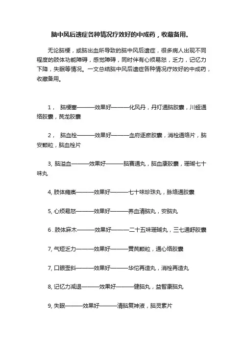 脑中风后遗症各种情况疗效好的中成药，收藏备用。