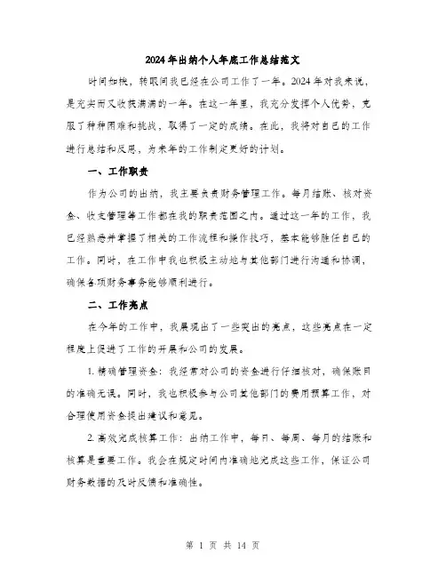 2024年出纳个人年底工作总结范文(5篇)