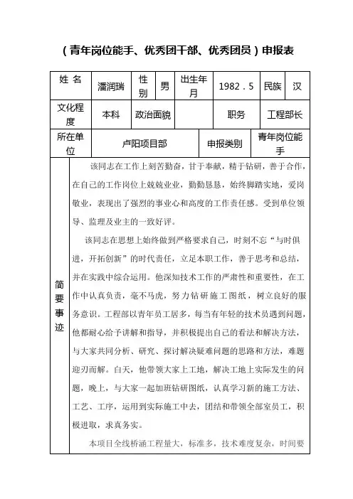 潘润瑞青年岗位能手申报表